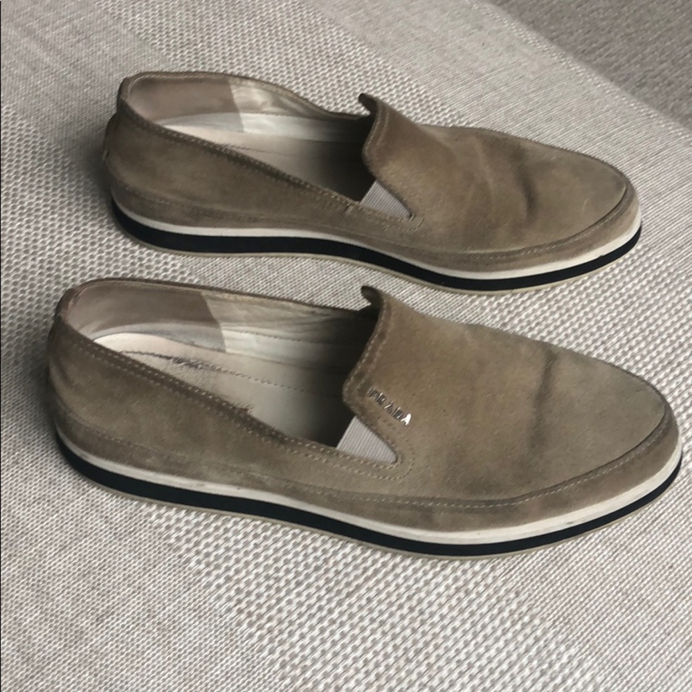 Prada Logo Suede Slip On Loafers in Beige